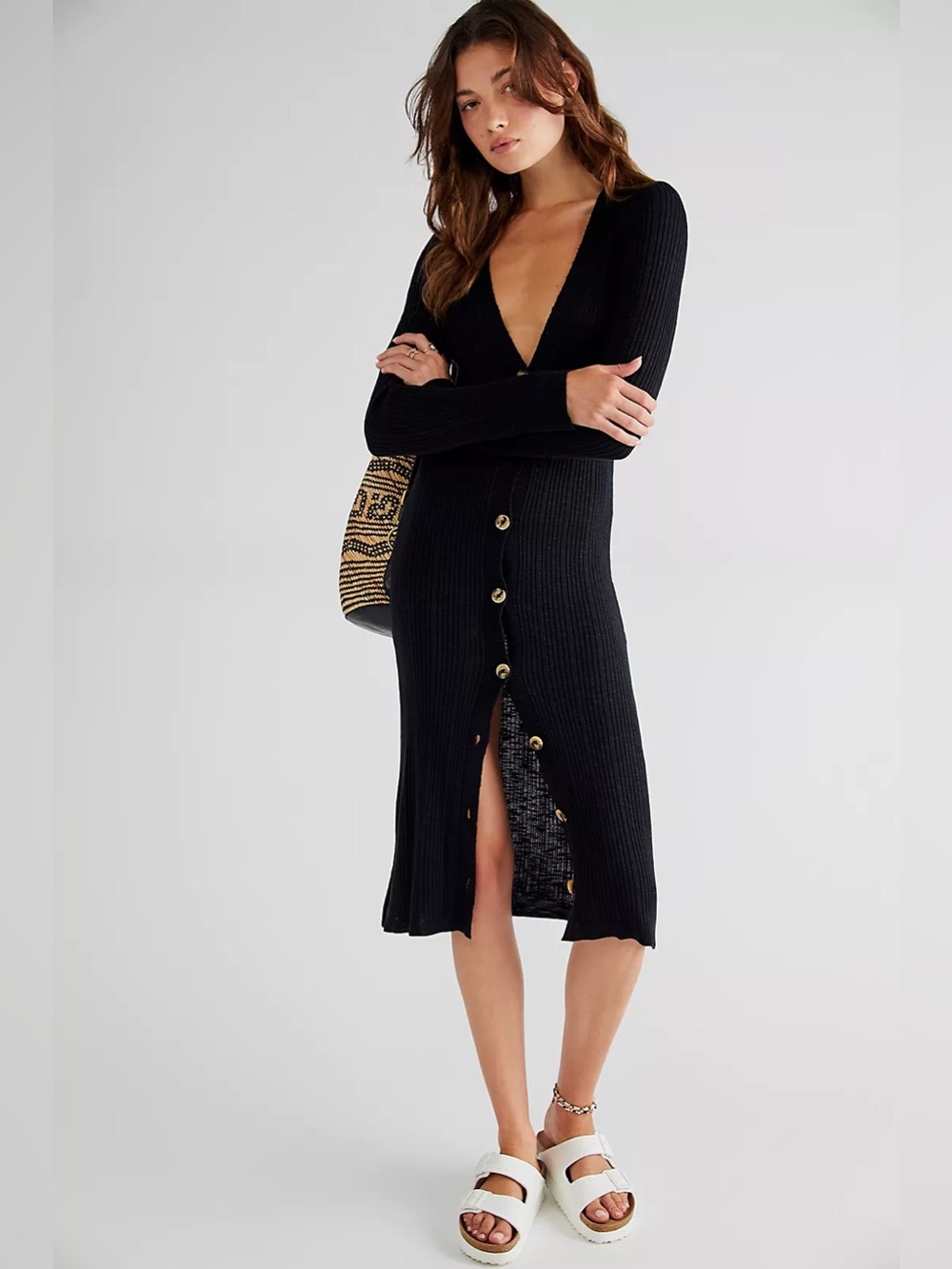 Free People Black Ribbed Button-Front Knit Dress